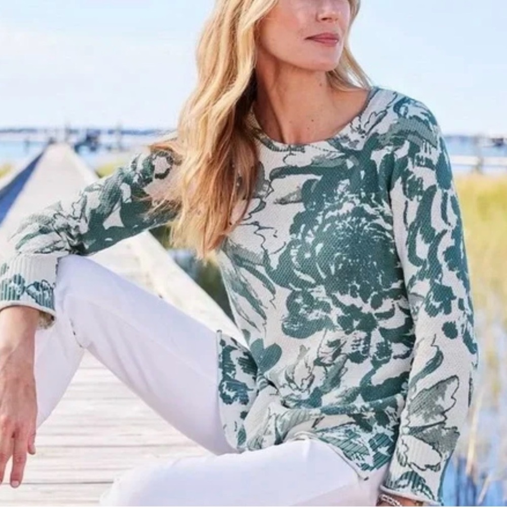 Soft Surroundings Marin Sweater Green‎ Fern Waffle Cotton Size XL